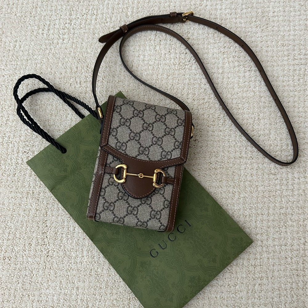 Authentic Beige Gucci GG Supreme Monogram Mini Horsebit 1955 Crossbody Bag